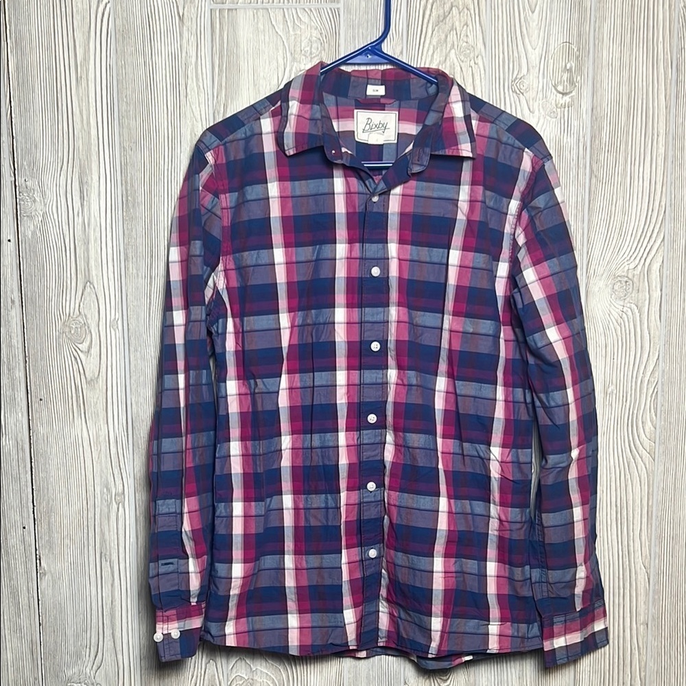 Bixby Shirt Mens Medium Slim Fit Multicolor Plaid Button Down Long Sleeve Pink